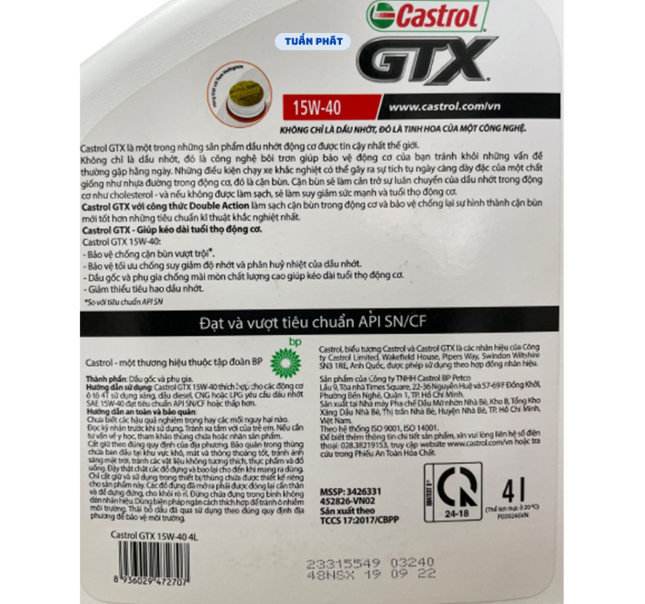 Nhớt CASTROL GTX 15W40 SN/CF (4Lít)