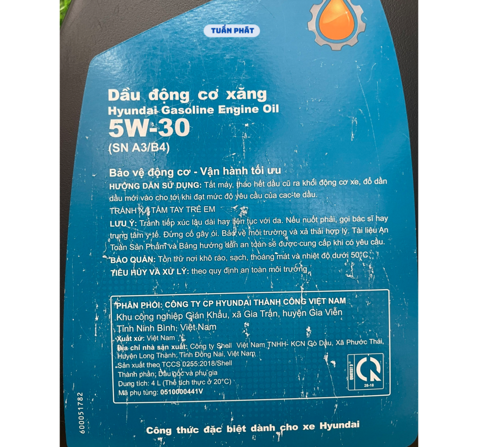 Dầu Nhớt động cơ xăng Hyundai Chính Hãng 5W30 (A3/B4)