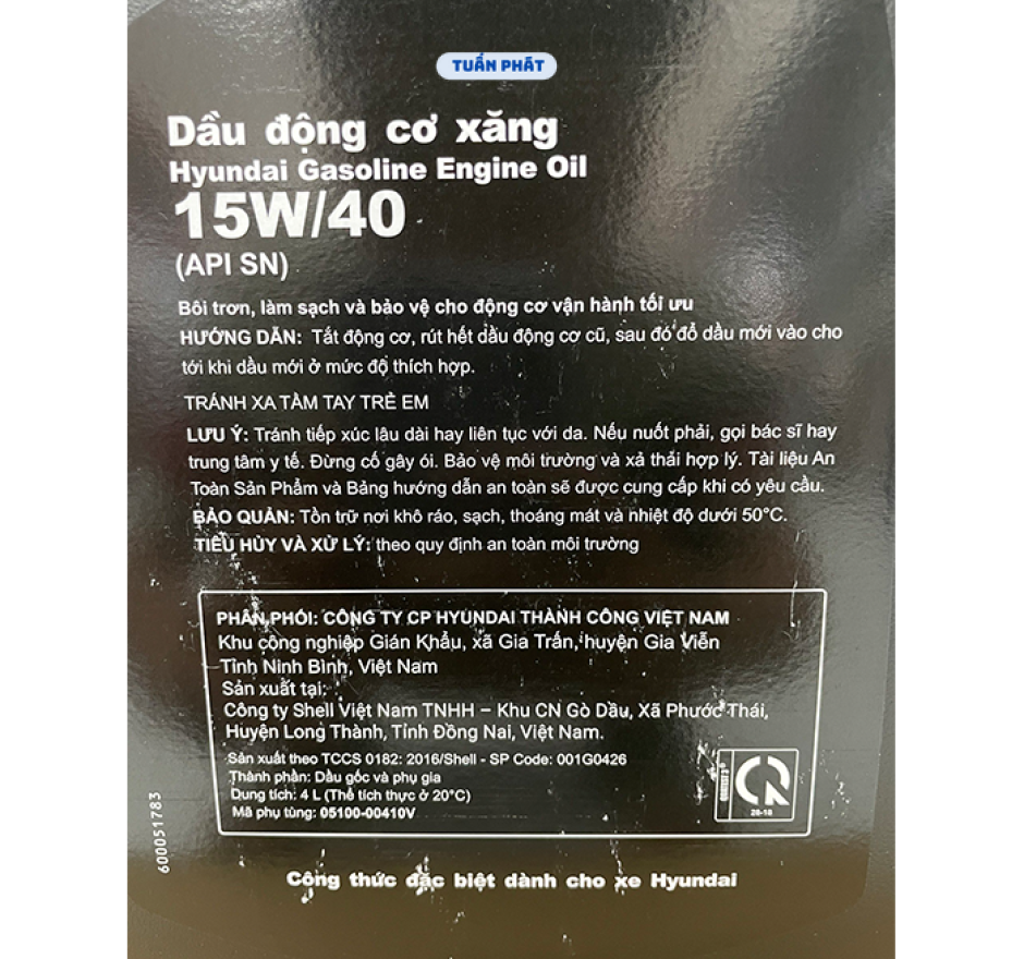 Dầu nhớt HYUNDAI 15W40 (API SN) - chính hãng phân phối - dùng cho xe ô tô máy xăng (4L/can)