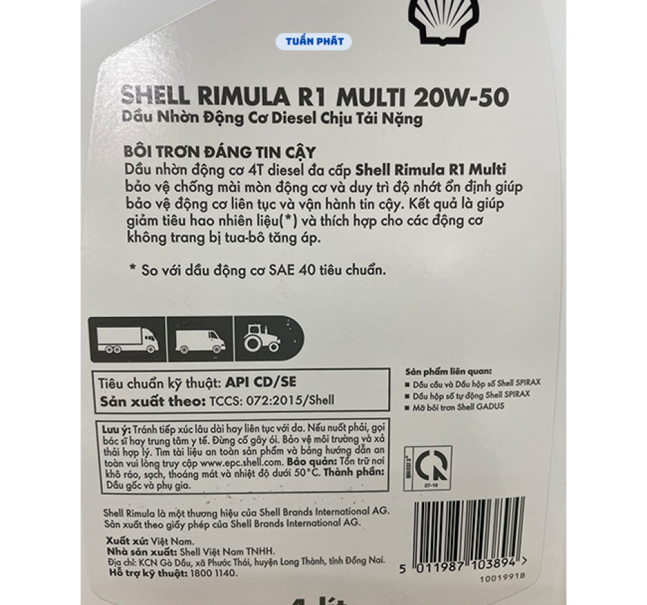 Nhớt Shell Rimula R1 Multi 20W50 4LÍT